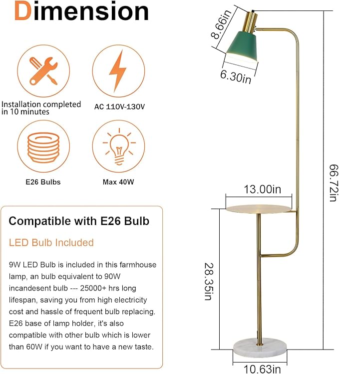 Hsyile Contemporary Modern Creative Floor Lamp with a Table,Suitable for Living Room,Den,Office,Bedroom - Standing Lamp Tall Floor Lamp - Brushed Brass Finish and Green Lampshade