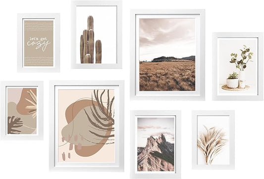 ArtbyHannah Gallery Wall Frame Set,White Picture Frames Collage Wall Decor with Neutural Art for Living Room Stariway,8 Pack Assorted Size 8"x10",5"x7",4"x6", Small