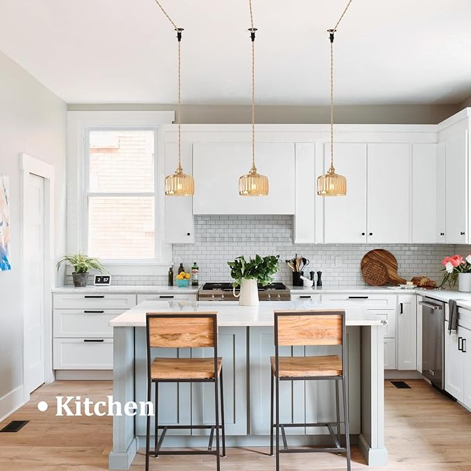 Plug in Pendant Light Hanging Light Fixture Corded On/Off Switch Brass Pendant Light with Amber Striped Glass Lampshade for Bedroom Living Room Kitchen Island