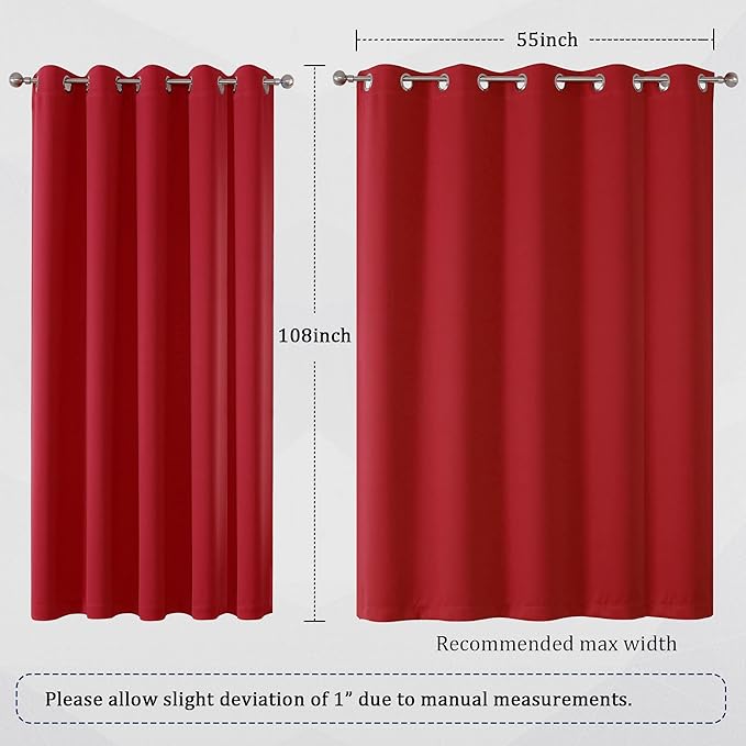 DUALIFE 108 inches Long Red Blackout Curtains for Bedroom Room Darkening Thermal Insulated Curtain Panels with Grommet Top Window Drapes for Living Room 60x108 Inch Length 2 Panels