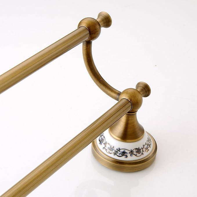 Antique Bronze Brass Double Towel Bar,Adjustable 15.5 to 27.5 Inch Bath Towel Bar Rack for Bathroom Towel Holder, Wall Mounted Bathroom Hardware Accessories,Porcelain Design