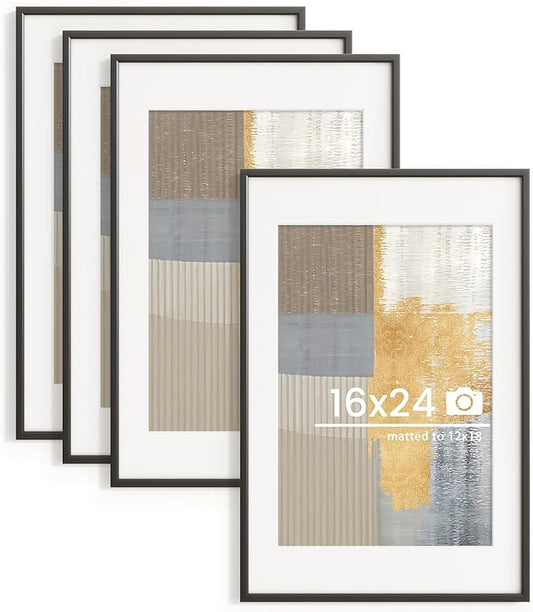 16x24 inch Metal Poster Frame - 16 x 24 Thin Aluminum Picture Frames Matted for 12x18 Photos, Artworks, Prints, Puzzle - High Definition Plexiglass - Vertical and Horizontal Display - Wall Hook Hanging Hardware Included - Black, 4 Pack