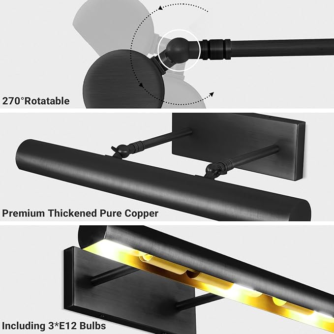 Matte Black Picture Lights for Wall, 18" Linear Picture Light Hardwired, 3-Light Bronze Art Light, Warm White 2700k Dimmable Gallery Light, 270° Picture Frame Lights for Bathroom, Living Room, Hallway