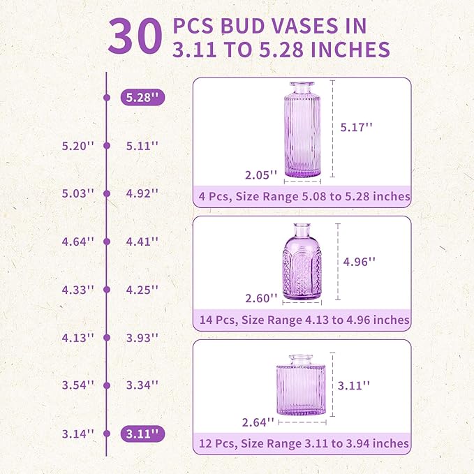 Glass Bud Vases in Bulk Set of 30 Pcs,Small Glass Vases for Flowers as Wedding Centerpieces for Tables,Clear Flower Vases Suitble for Wedding Decorations,Home Decor (Light Purple, 30 pcs)