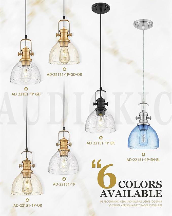 Black Pendant Lights Kitchen Island, 7.5" Farmhouse Pendant Lighting with Clear Seeded Glass Shade, Vintage Hanging Light Fixtures for Dining Room, AD-22151-1P-BK