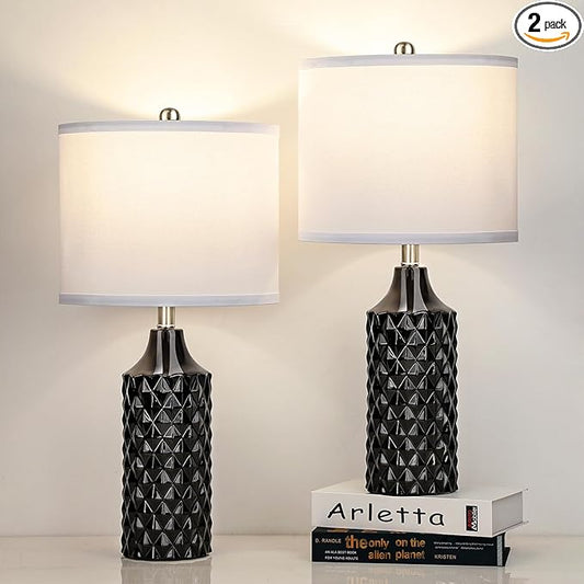 Ceramic Table Lamps Set of 2, Modern Bedside Lamp 25" Nightstand Lamp 3-Way Dimmable Lamp for Bedroom Living Room End Table Lamp Farmhouse Lamp Side Table Lamp, Bulbs Included (25 inch, Black)