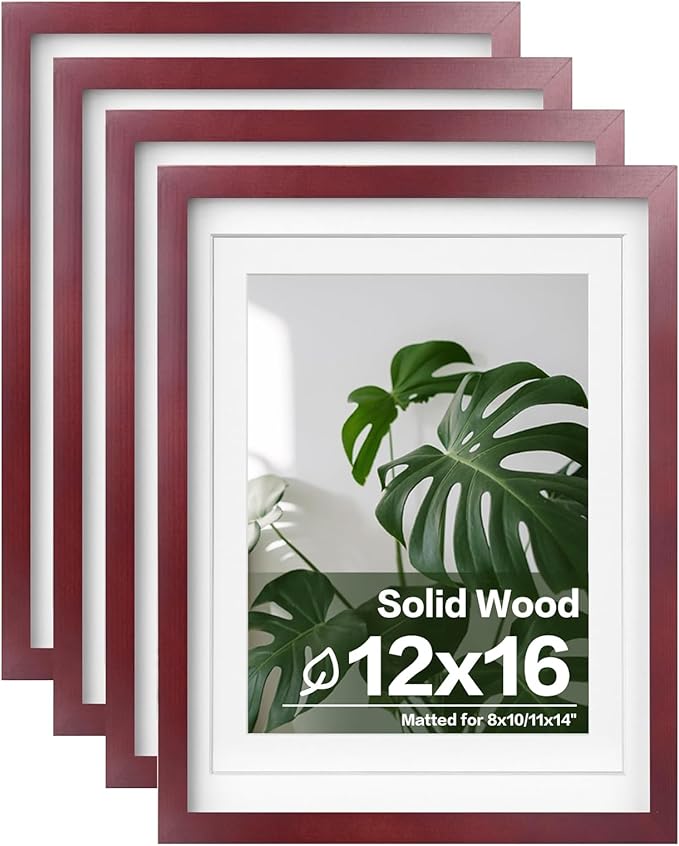 Egofine 12x16 Picture Frames with Plexiglass, Display Pictures 9x12/11x14 with Mat or 12x16 Without Mat Set of 4 for Wall Mounting,Cherry Red