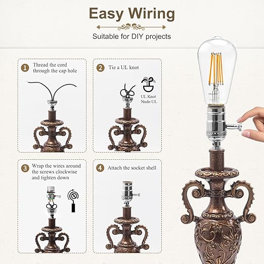 DiCUNO UL Listed Full Range Dimmer Lamp Socket Replacement, Vintage E26 Light Bulb Socket, Rotating Dimmer Switch Knob for Table, Floor Lamp, DIY Project, Silver, 150 Watt, 2-Pack