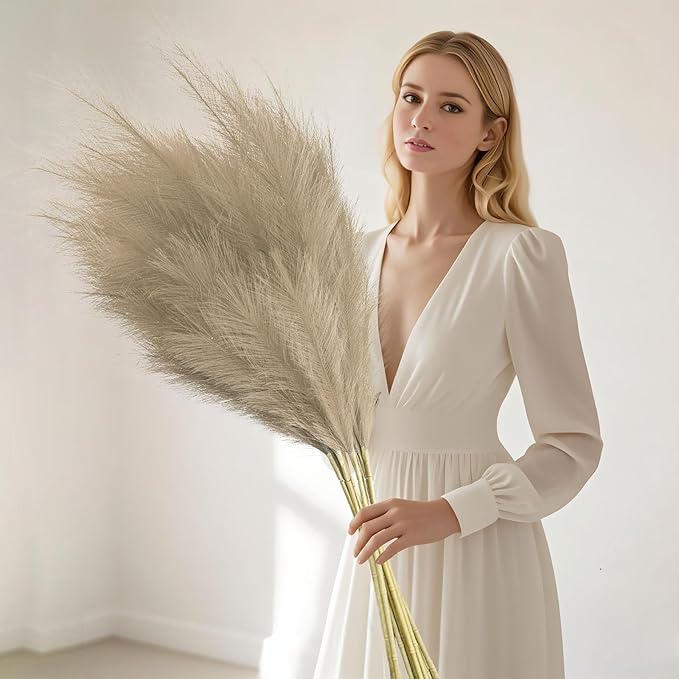 8 Pcs Deep Coffee Tall Faux Pampas Grass Decor, 45 Inches Artificial Pampas Grass Bulk, Large Faux Pompas Dried Decor for Floor Vase Filler, Home Boho, Wedding Anniversaries, Baby Shower Decoration