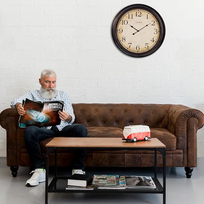 24 Inch Wall Clock Battery Operated Silent Vintage Large Wall Clocks for Living Room Fireplace Decor,Black-Brown