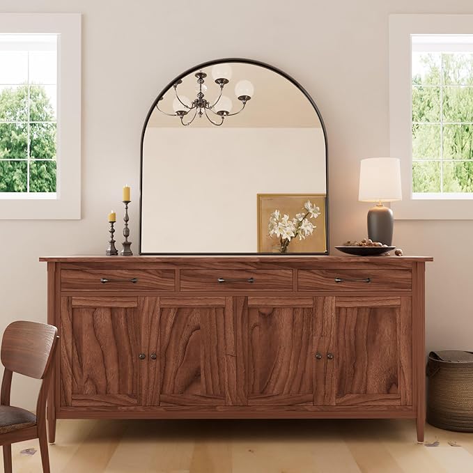 TETOTE Black Arched Mirror for Bathroom, 30 x 33 Matte Black Metal Framed Arch Mirror, Tempered Glass Wall Mounted Decorative Mirror for Eclectic Home Decor