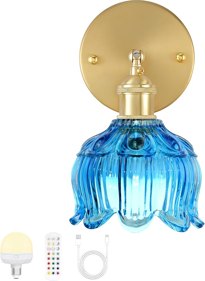 Vintage Battery Operated Wall Sconce with Flower lampshade,Rechargeable Battery Powered Wall Lights,Wall lamp with 15 Colors for Bedroom Living Room Home Decor (Flower Blue, 1 Light Battery Operated)