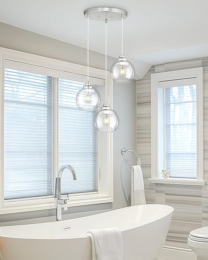 Globe Cluster Pendant Light, 3-Light Hanging Light Fixture with Brushed Nickel Finish, Clear Glass Kitchen Island Lighting for Dining Room Living Room Laundry Entrance Foyer, ZCPL101BN-3C