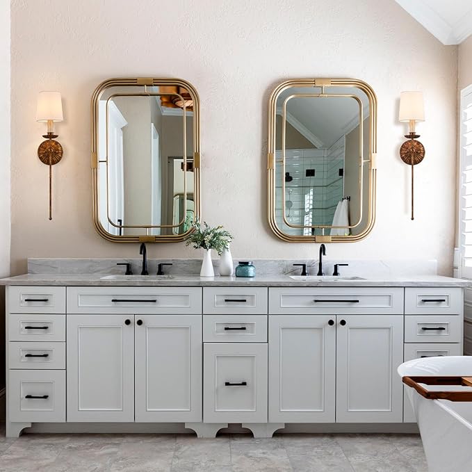 Wall Sconces Set of 2 Antique Brass Wall Lights Vintage Farmhouse Off-White Fabric Wall Lamp for Vanity Stairway Fireplace Living Room Bedside Passway Hallway