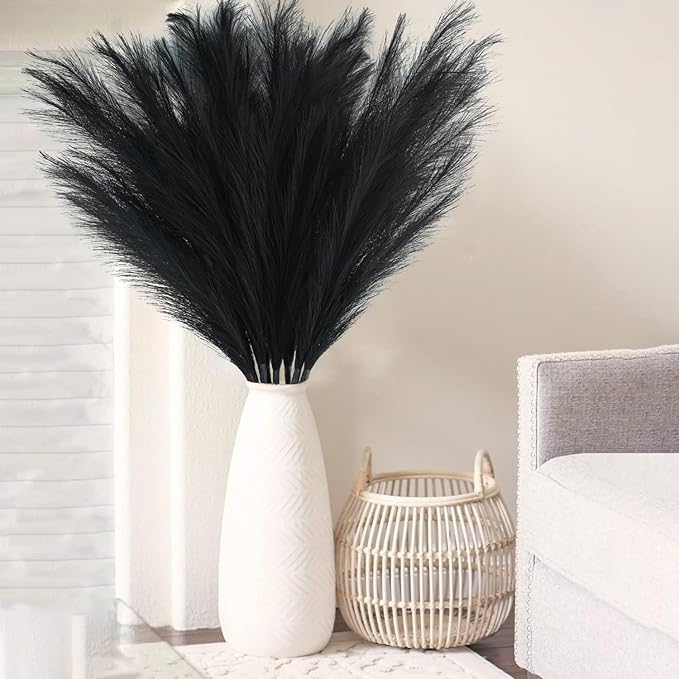 35" Faux Pampas Grass Decor, 8pcs Large Tall Fluffy Artificial Pompous Grass Branches Floral Fake Pompas Grass Bulrush Floor Vase Filler Flower Arrangement for Home Wedding Boho Decor Black