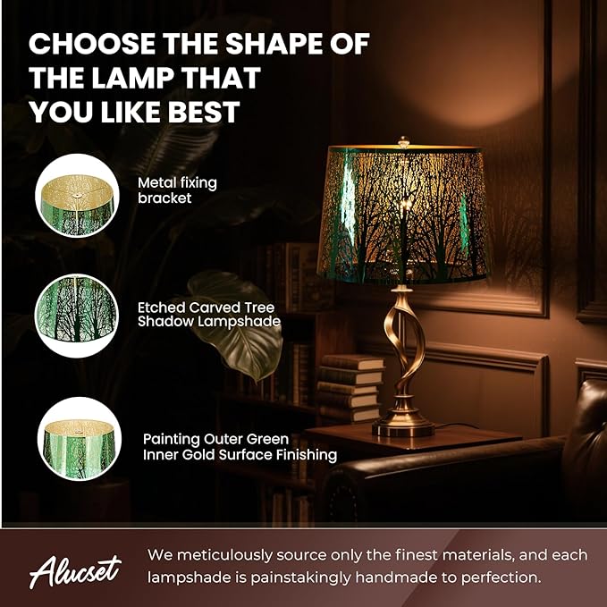 ALUCSET Stainless Steel Large Lampshade, Drum Lamp Shade 11" Top x 13" Bottom x 10" High, Large Lamp Shades for Table and Floor Lamps, Green Polished Etched Forest Replacement Shade, Spider Fitter