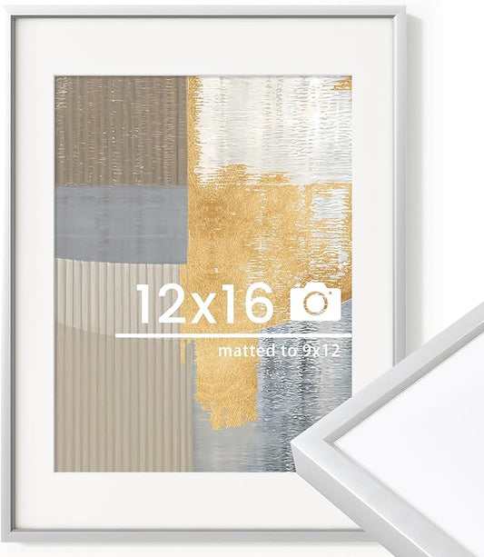 12x16 inch Metal Picture Frame - 12 x 16 Thin Aluminum Photo Frames with 9x12 Removable Mat - High Definition Plexiglass - Vertical and Horizontal Display - Wall Hook Hanging Hardware Included - Silver, Set of 1