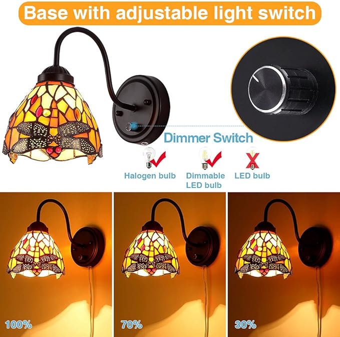 Tiffany Bedside Wall Mount Lamp with Dimmable Switch, Industrial Vintage Gooseneck Wall Sconce with Plug in Cord, Dragonfly Stained Glass Shade Wall Light Perfect for Bedroom, Living Room