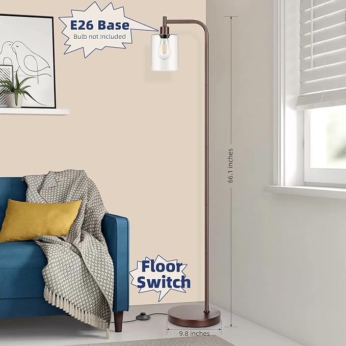 Industrial Floor Lamp with Hanging Glass Shade Oil Rubbed Brown Farmhouse Indoor Pole Light with Edison E26 Base Vintage Rustic Standing Tall Lamp for Living Room Bedroom Office(ST64 Bulb Included)