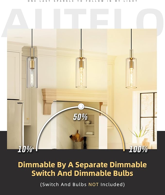 AUTELO 2 Pack Pendant Light Fixtures, Brushed Gold Pendant Lights Kitchen Island, Vintage Cylinder Glass Pendant Lights, Hanging Light for Kitchen Island, Dining Room, H3875 BGNR-2PK