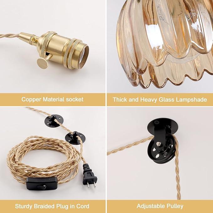 Mini Plug in Pendant Light Hanging Light Fixture Corded On/Off Switch Brass Pendant Light with Amber Tulip Glass Lampshade for Bedroom Living Room Kitchen Island