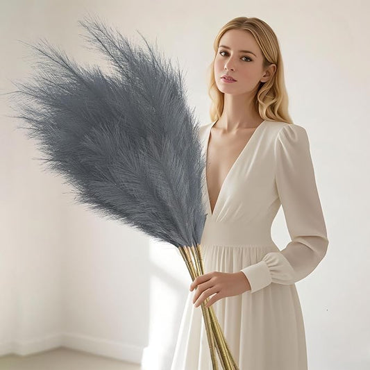8 Pcs Dark Gray Tall Faux Pampas Grass Decor, 45 Inches Artificial Pampas Grass Bulk, Large Faux Pompas Dried Decor for Floor Vase Filler, Home Boho, Wedding Anniversaries, Baby Shower Decoration