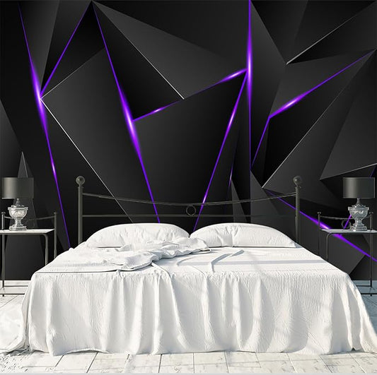 WFBHUA-3d Black Geometric Wallpaper Purple Lines Large Background Wall Mural for Bedroom Living Room (No Peel and Stick)