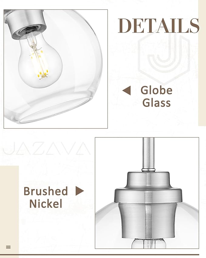 Globe Pendant Light Fixture, Modern Brushed Nickel Hanging Light with Clear Glass for Kitchen Island Dining Room Bedroom Hallway Foyer (1 Pack), PL101BN