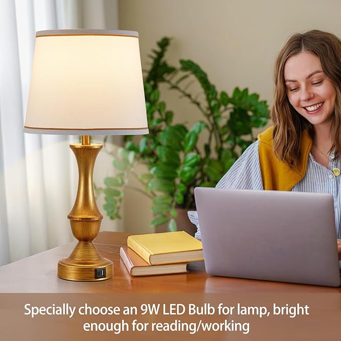 Luvkczc Gold Touch Table Lamps Set of 2, 22" Bedside Lamps with USB C+A Ports, 3 Way Dimmable Nightstand Lamps with White Lampshade,Table Lamps for Bedroom Living Room Bedroom Office, Bulbs Included