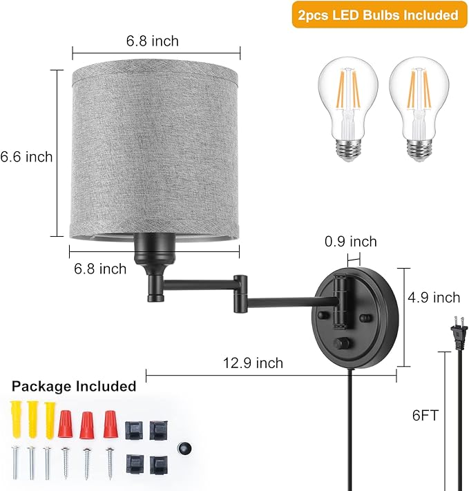 Dimmable Plug in Wall Sconces, Swing Arm Wall Lamp, Wall Sconces Set of Two, Plug in Wall Light, Sconces Wall Decor Set of 2, Grey Fabric Shade, 2pcs Bulbs Included