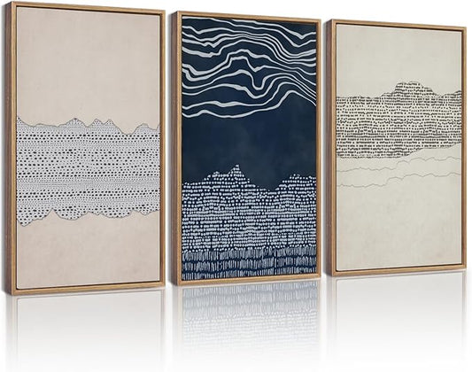 KUVIOKE Navy Blue Abstract Framed Wall Art Modern Neutral Minimalist Wooden Pastel Boho Wall Decor Farmhouse Rustic Art Painting Home Decor 11x14in (Natural Framed)