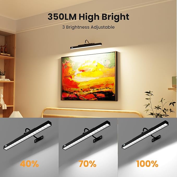 Picture Light for Wall Art Motion Sensor – 16'' Wireless and Dimmable Gallery Light, 5000mAh Battery Operated with Remote Control Art Light Over Frame Paintings and Artworks (Black)