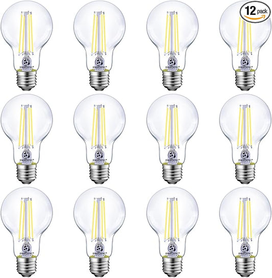 Energetic Dimmable LED Filament Light Bulbs Clear, 8W, 60 Watt Equivalent, Daylight 5000K, Classic Clear Glass, A19 LED Edison Bulb, 12 Pack