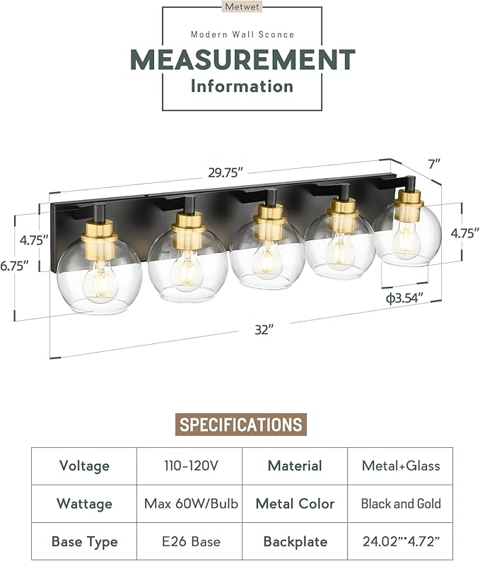 Bathroom Light Fixtures, 5-Light Black and Gold Bathroom Vanity Light, 32 Inch Modern Wall Sconces with Globe Clear Glass Shade, Vanity Lighting Fixtures Over Mirror, VL195-KG-5