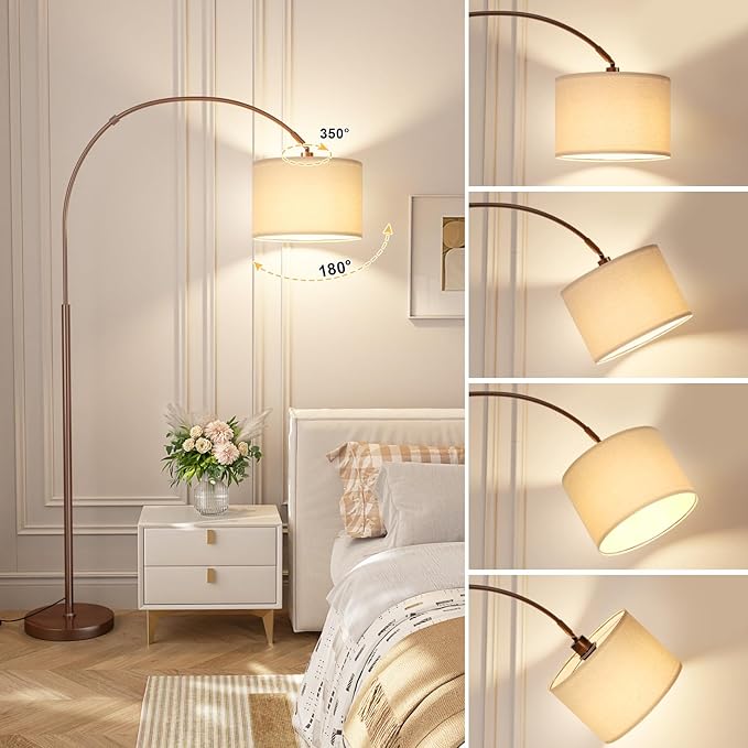 Ambimall Dimmable Arc Floor Lamp with Remote, Color Temperatures and Brightness Adjustable, Arched Floor Lamp with Rotating Head, Over Couch Arched Reading Light for Living Room (Deep Beige and Brown)