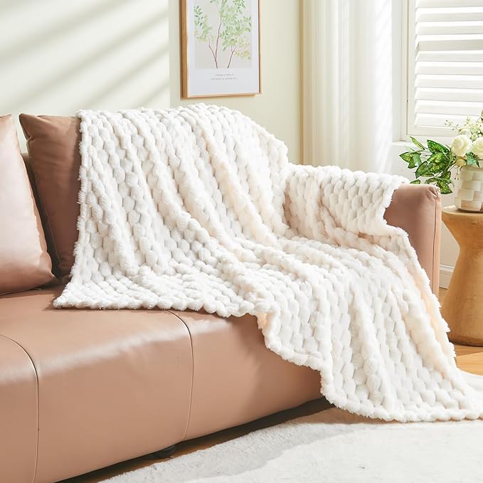 NEWCOSPLAY Super Soft Throw Blanket Ivory Premium Silky Flannel Fleece 3D Clouds Stylish Jacquard Lightweight Bed Blanket All Season Use 350GSM (Ivory, Throw(50"x60"))