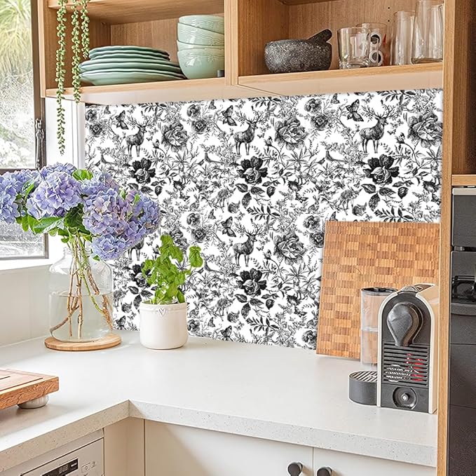 Black and White Peel and Stick Wallpaper Removable Floral Wallpaper Wild Animal and Floral Contact Paper Self-Adhesive Wall Paper Furniture Wall Shelf Drawer Liner Countertop 236.2"X17.71"