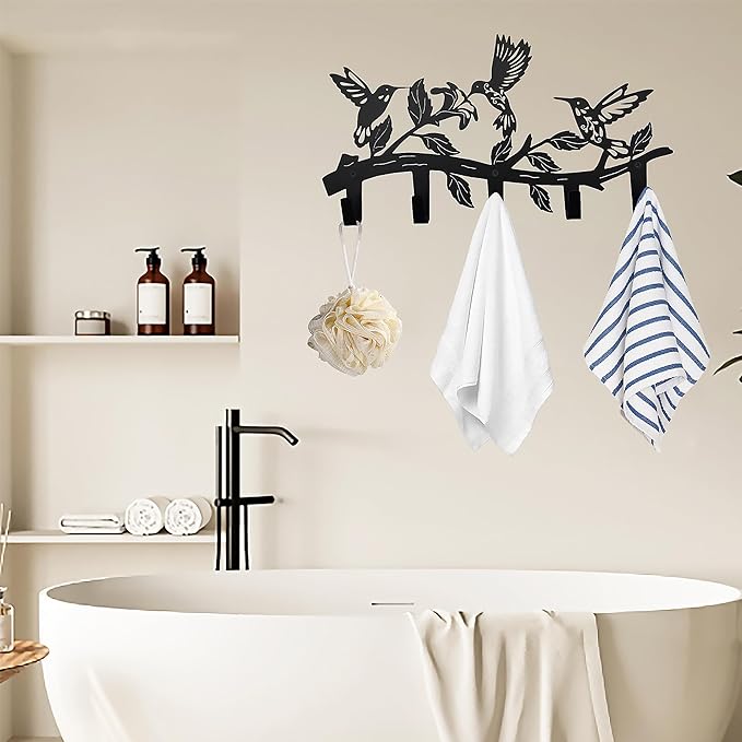 Metal Hummingbird Coat Hooks Wall Art Decor-Hummingbird Hangers and Key Holder-Animal Theme Hooks Sweet Home Decor for Storage, Living Room, Hallway, Office (Black)