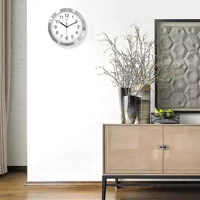 HITO 10 Inch Silent Wall Clock Battery Operated Non Ticking Glass Cover Silver Aluminum Frame, for Kitchen, Bedroom, Home Office, Living Room Decor
