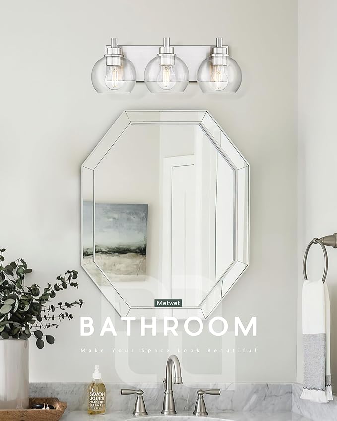 Bathroom Light Fixtures, 3-Light Brushed Nickel Vanity Light, Modern Wall Sconces with Globe Clear Glass Shade, Vanity Lighting Fixtures Over Mirror, VL195-BN-CL-3