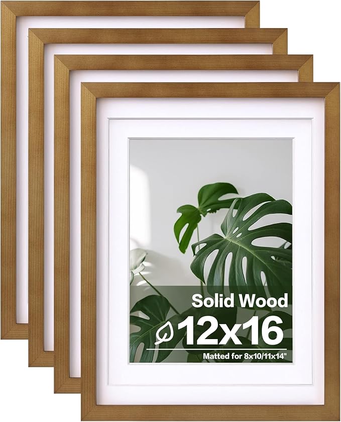 Egofine 12x16 Picture Frame with Plexiglass Made of Solid Wood, Display Pictures 9x12/11x14 with Mat or 12x16 Without Mat Set of 4 for Wall Mounting,Light Brown