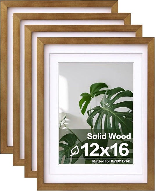 Egofine 12x16 Picture Frame with Plexiglass Made of Solid Wood, Display Pictures 9x12/11x14 with Mat or 12x16 Without Mat Set of 4 for Wall Mounting,Light Brown