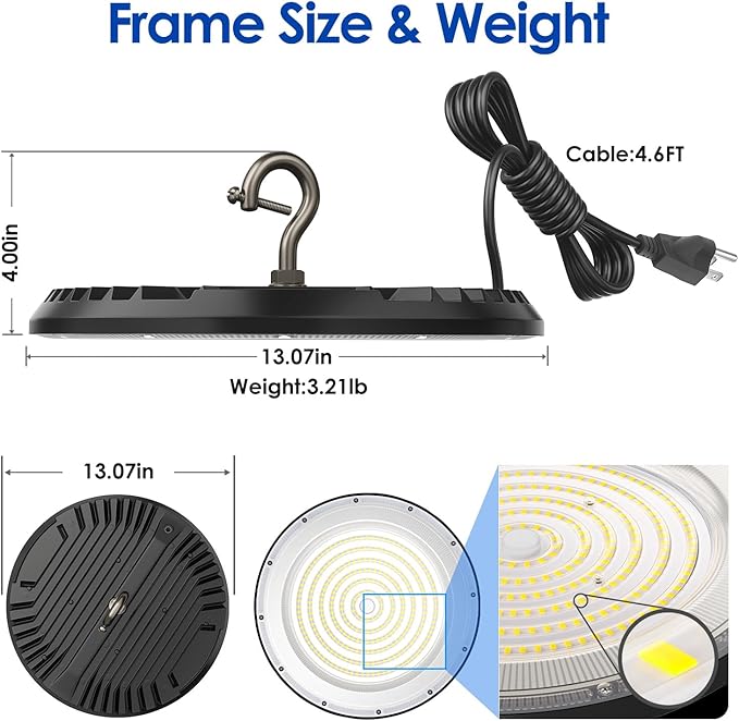 LED High Bay Light ECO 200W x1, 13' UFO Ceiling Lighting Fixture w/Plug for Garage Shop Warehouse Workshop, 5000k 22500lm Non-Dimmable IP65 (Count of 1 Black)