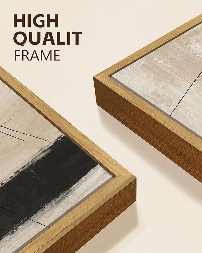 KUVIOKE Abstract Framed Wall Art Minimalist Beige Pastel Watercolor Neutral Wall Decor Modern Black Line Art Painting Home Decor 12x16in (Natural Framed)