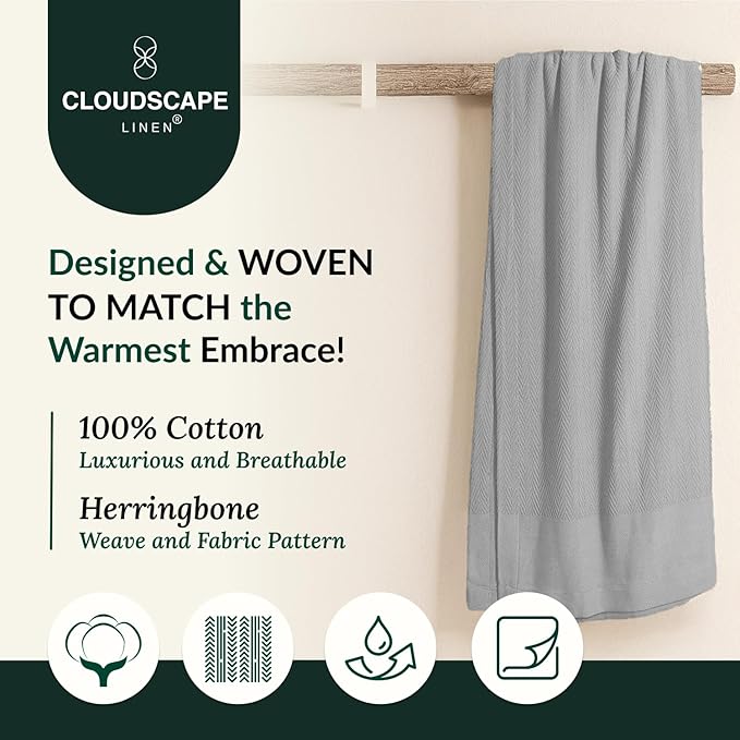 Cloud Scape Linen Herringbone Cotton Throw Blanket for Couch, Bed, Home Decor, Soft, Lightweight, All-Season Travel Blanket, 50 x 70, Light Grey