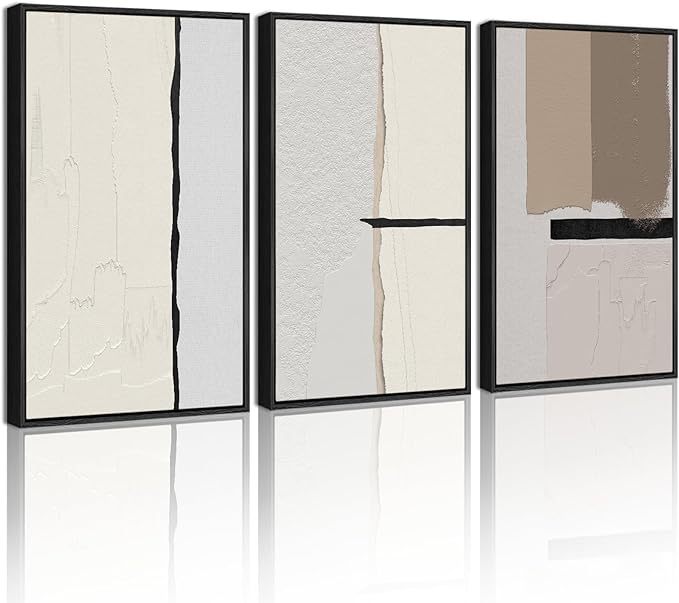 KUVIOKE Neutral Abstract Framed Wall Art Beige Mid Century Textured Wall Decor Minimalist Modern Illustrations Art Print Home Decor 16x24in (Black Framed)
