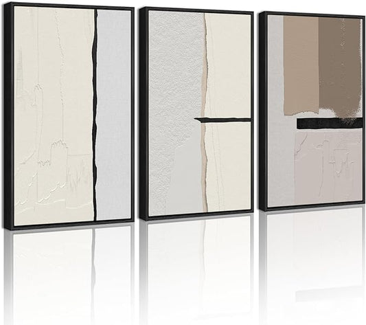 KUVIOKE Neutral Abstract Framed Wall Art Beige Mid Century Textured Wall Decor Minimalist Modern Illustrations Art Print Home Decor 16x24in (Black Framed)