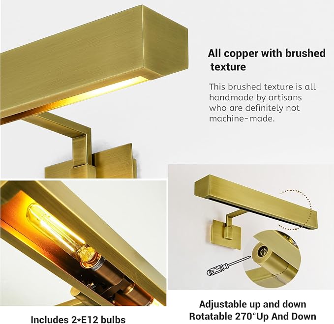 Picture Light, 18" Brass Picture Lights for Wall, Gold Art Lights Hardwired, Dimmable Gallery Light, 3000K Vanity Lights, Picture Frame Light for Bathroom Wall Sconces Artwork Poster Display