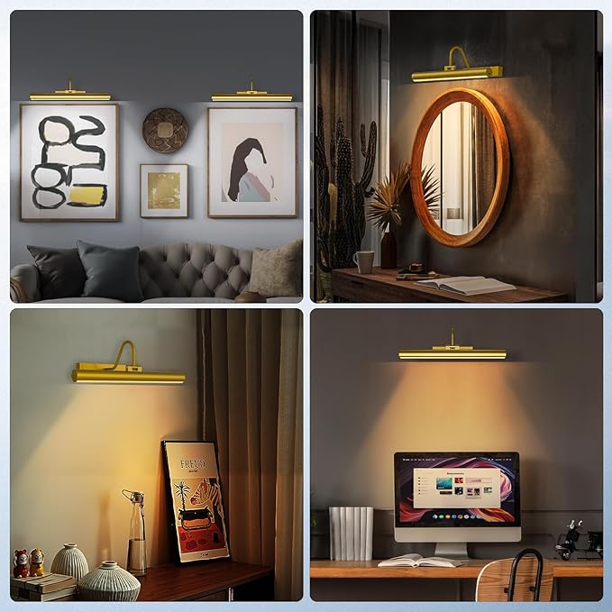 Cordless Picture Light for Wall, Battery Operated Art Light with 3CCT Dimmable, 5200mAh Battery Wall Sconce with Remote & Timer, 13in LED for Paintings, Gallery Artwrok, Picture Display - Golden