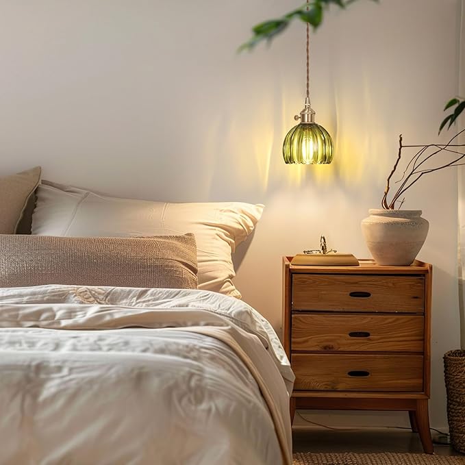 Mini Pendant Light with Green Tulip Glass Lmapshade, Brass Vintage Pendant Light Adjustable Hanging Light for Kitchen Island Dining Room Hallway